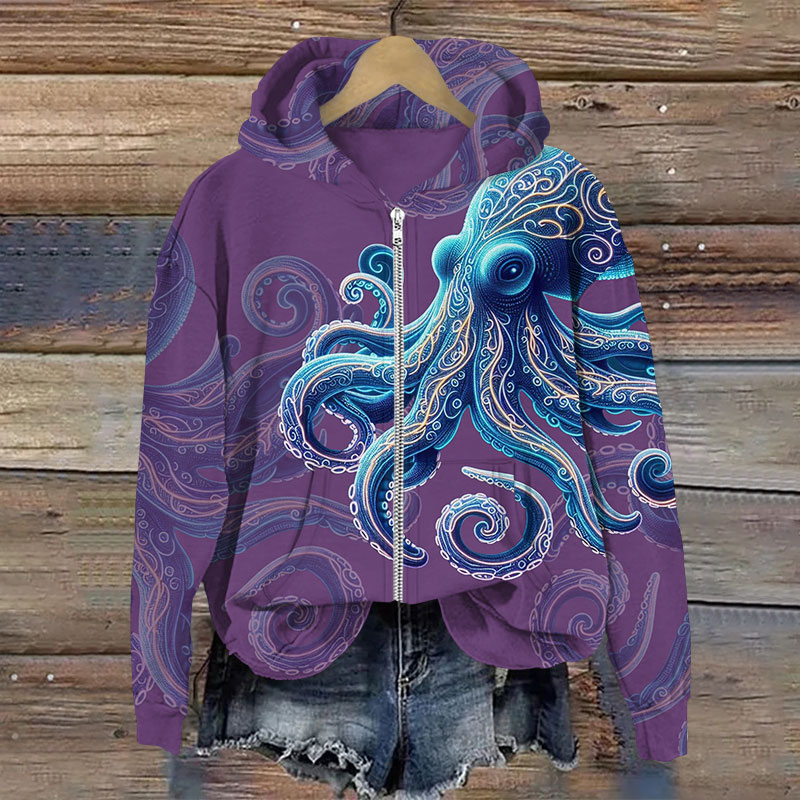 Vintage Wise Ocean Octopus Print Long Sleeve Zipper Hoodie - Purple - US28-30(4XL) - image 3