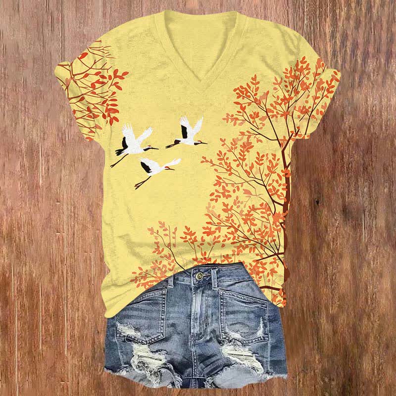 Japanese White Crane Flying Across Maple Tree Print V-neck T-shirt - Yellow - US32-34(5XL) - image 5