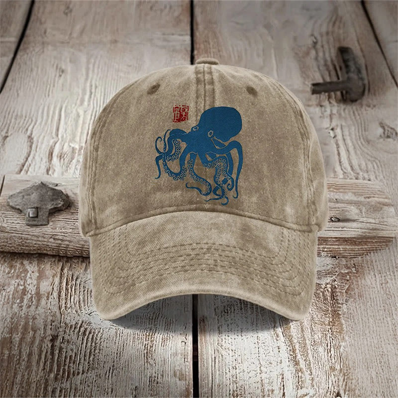 Octopus Japanese Lino Art Print Washed Cap - Blue - one size - image 2