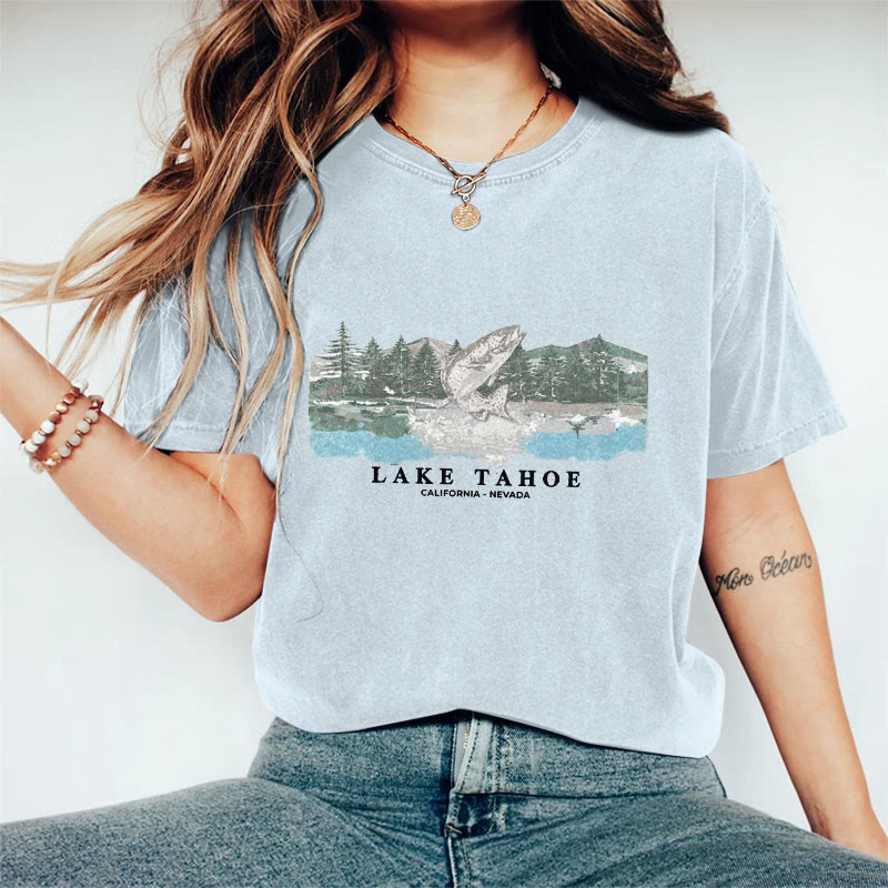 100% Cotton Vintage Lake Tahoe Fish T-shirt - Blue - 2XL - image 8