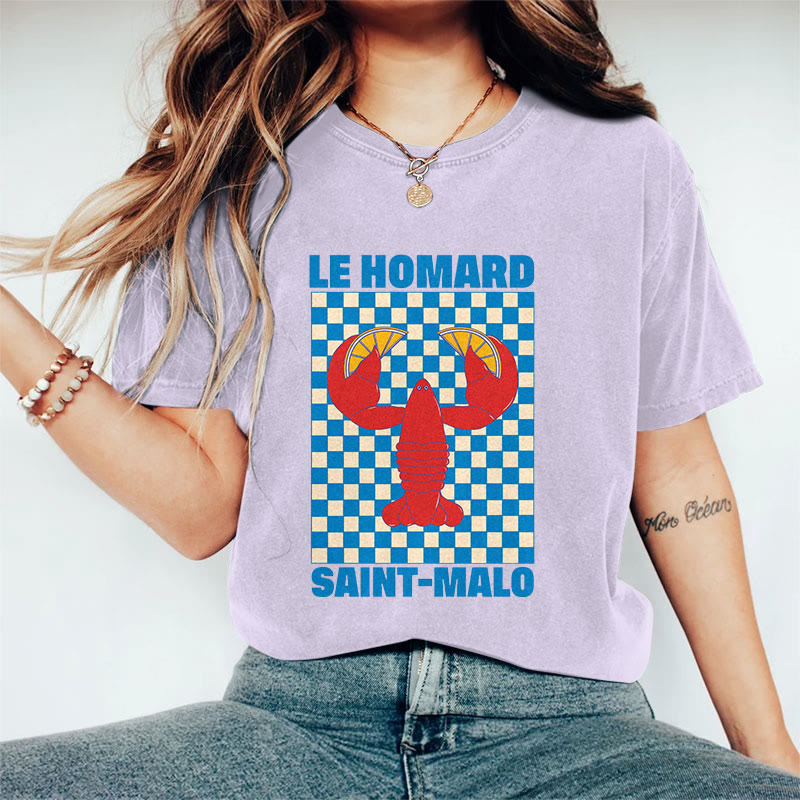 100% Cotton Women's Japanese Checkerboard Lobster Holding Lemon Art Print Casual T-shirt - Purple - 2XL - image 9