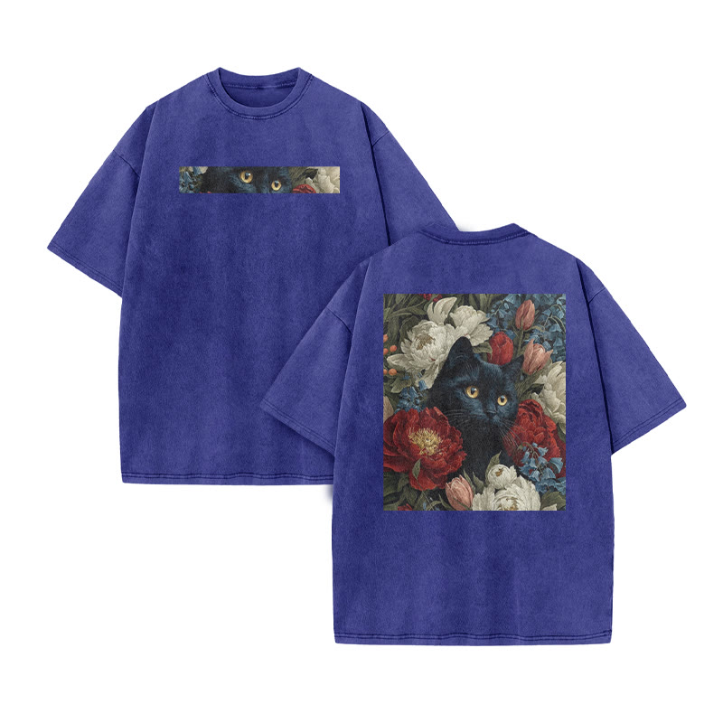 A Black Cat Hidden Among Clusters Of Red-white Peonies Print Acid Washed T-shirt - Blue - US20-22(3XL) - image 8