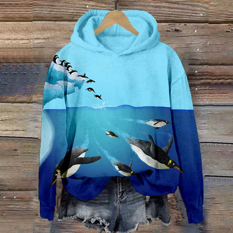 Blue Ocean Penguin  Painting Long Sleeve Hoodie - Blue - 8XL - image 1