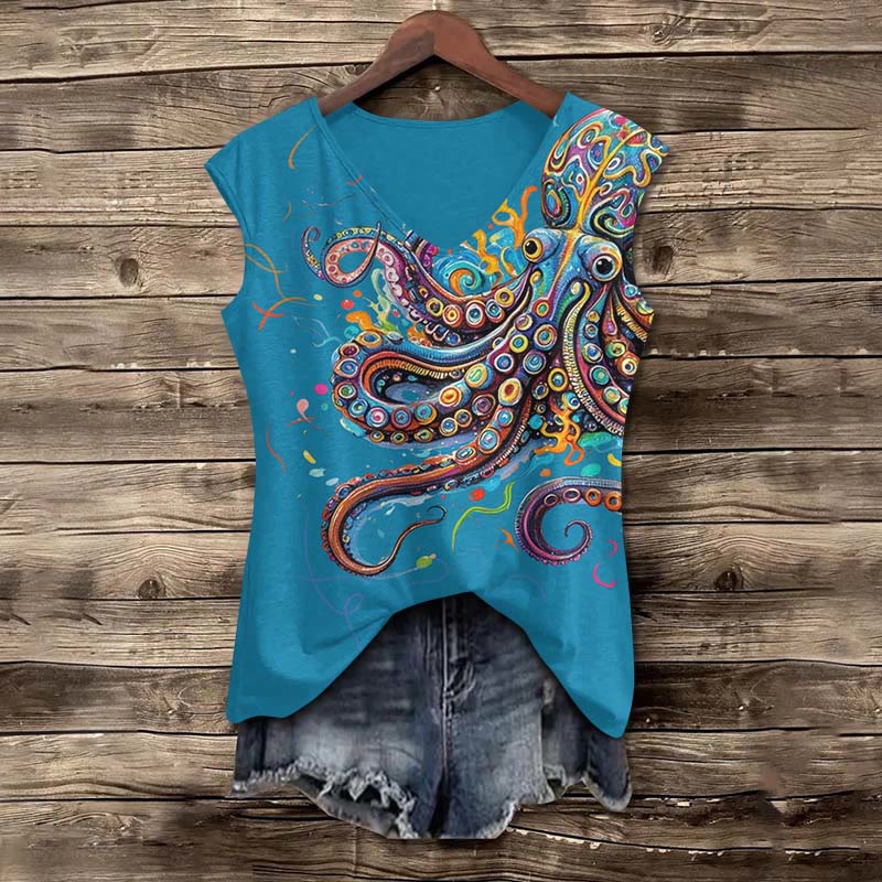 Vintage Rainbow Octopus Art Print V-neck Tank Top - Lake Blue - 5XL - image 7