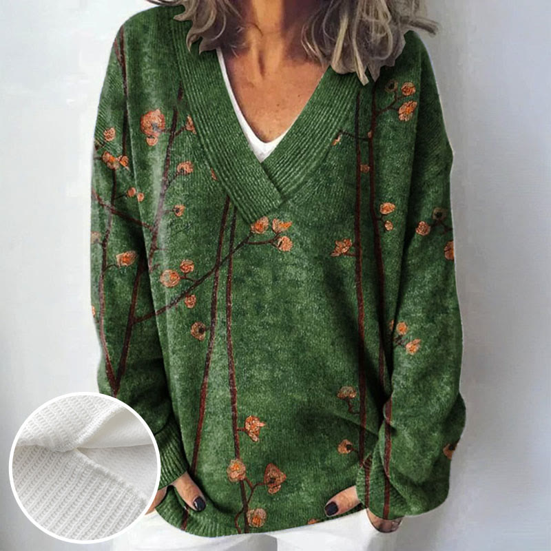Women's Flower Vintage Print Causal V-neck Pullover Sweater - image 2