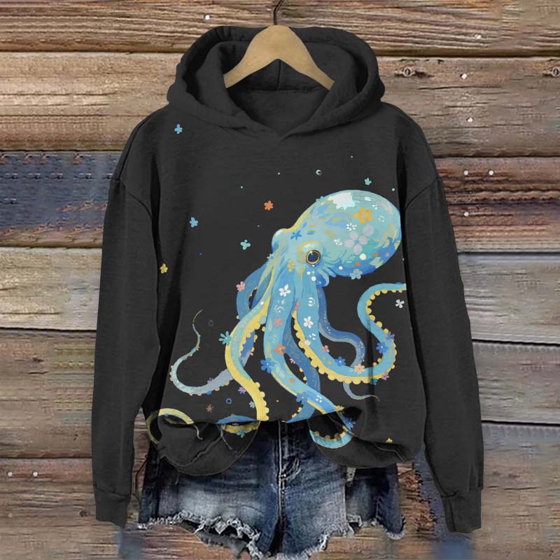 Lovely Floral Octopus Print Long Sleeve Hoodie - Black - US44-46(8XL) - image 4