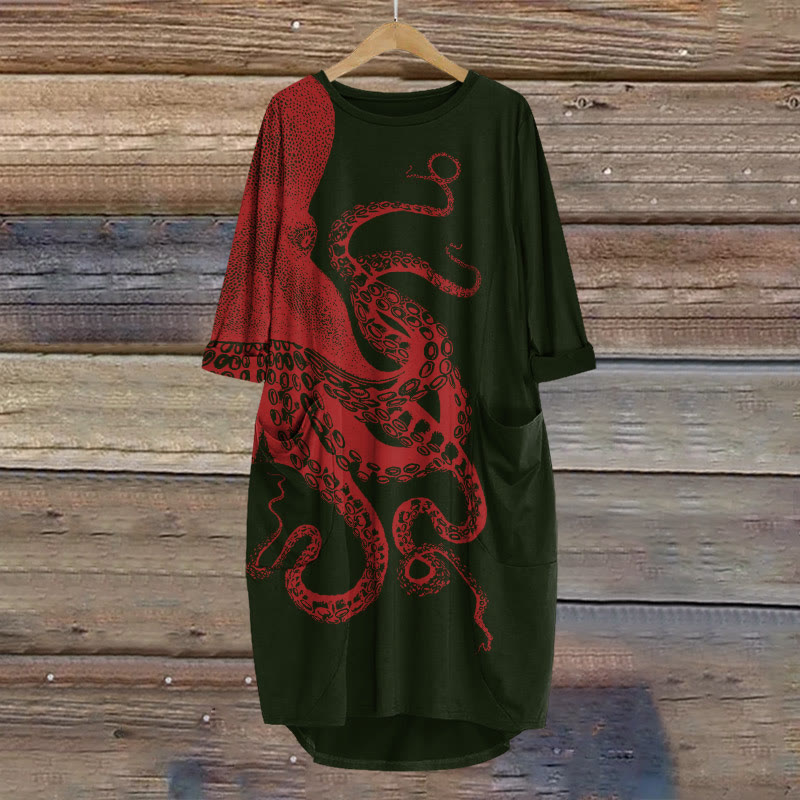 Japanese Art Octopus Graphic Print Crew Neck Dress - Red - 8XL - image 5