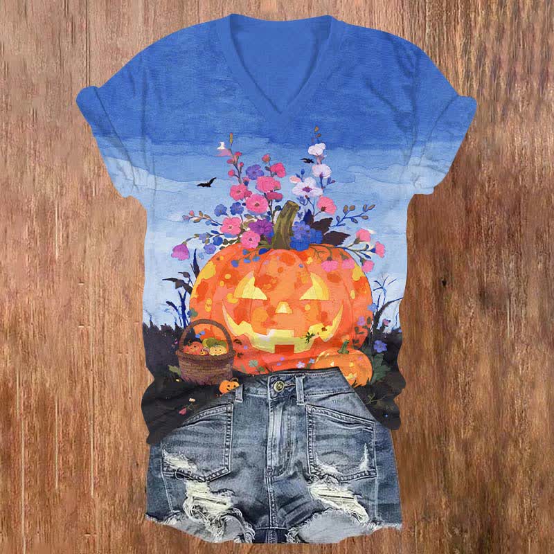 Halloween Oil  Painting Flower Pumpkin Art Print V-neck T-shirt - Blue - US32-34(5XL) - image 2