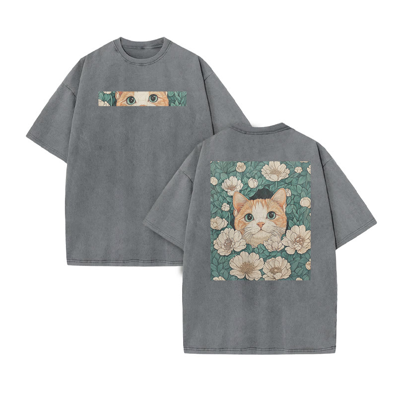 A Black Cat Hidden Among Clusters Of White Flowers Print Acid Washed T-shirt - Grey - US20-22(3XL) - image 5