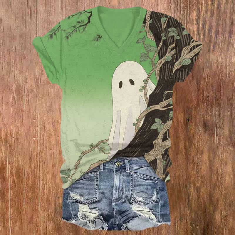 Halloween Funny Ghost Hiding Behind The Tree Print V-neck T-shirt - Green - US32-34(5XL) - image 3
