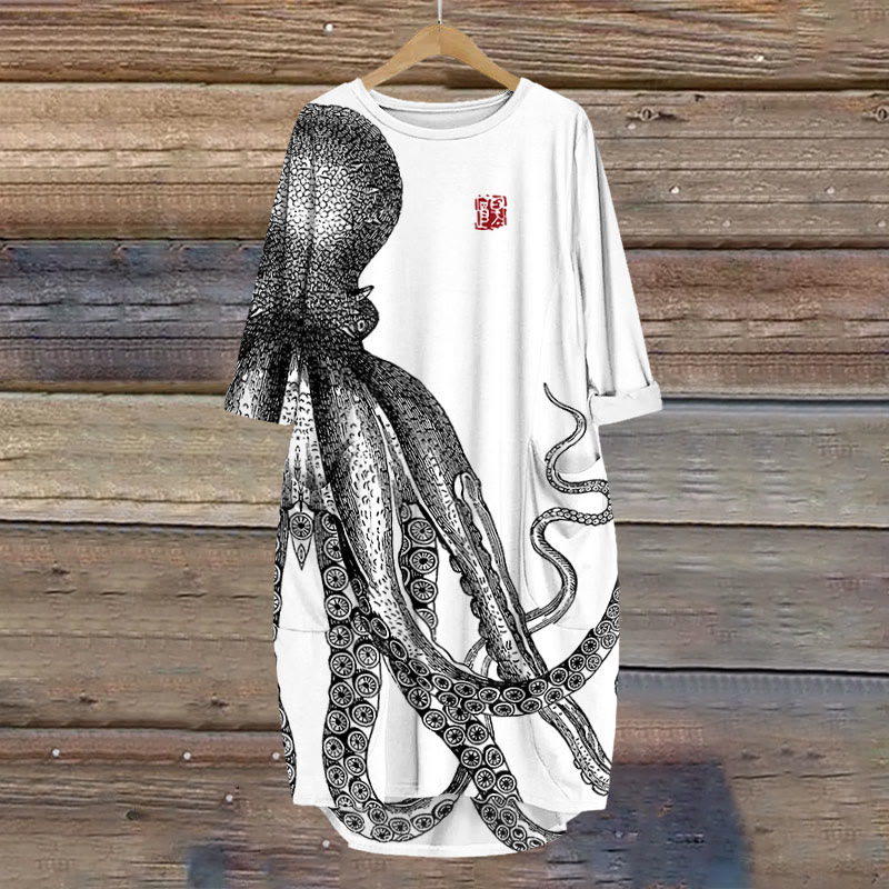 Japanese Art Octopus And Crab Print Crew Neck Dress - White - 8XL - image 6
