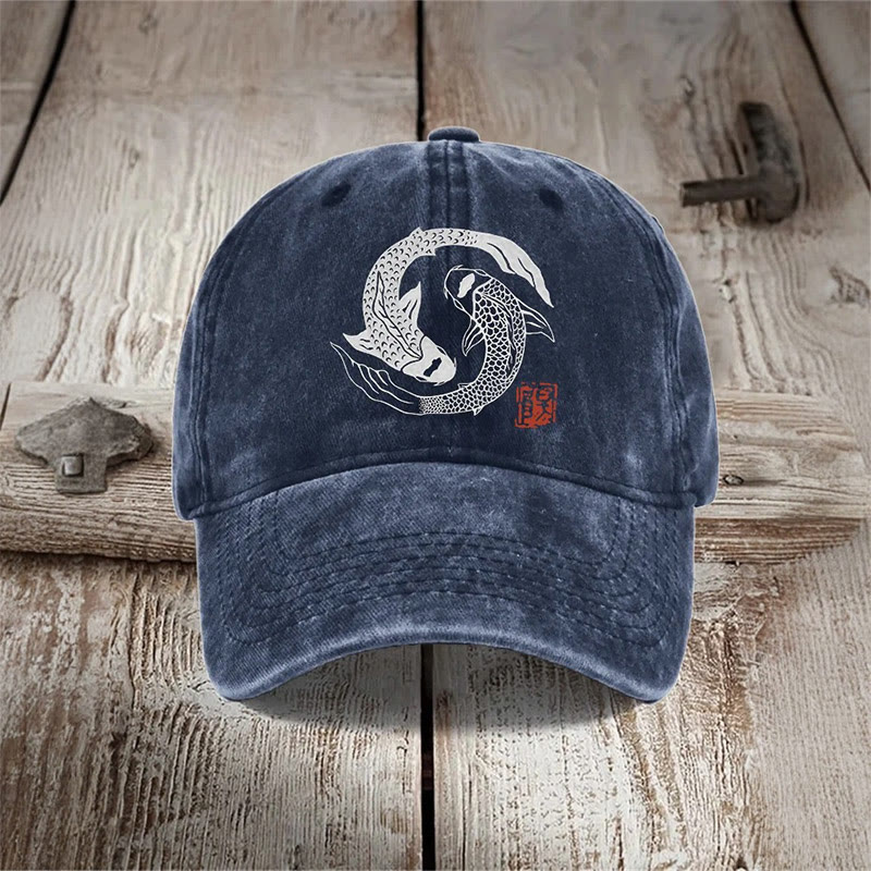 Carp Fish Contrast Japanese Lino Art Print Washed Cap - Navy Blue - one size - image 2