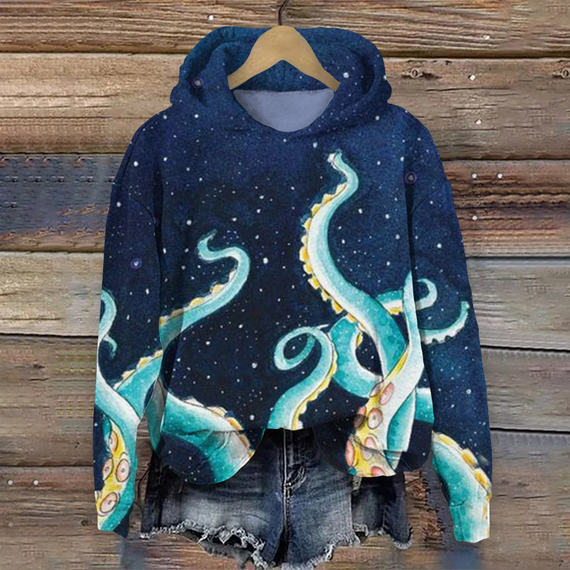 Japanese Blue Octopus Print Long Sleeve Hoodie - Blue - 8XL - image 1
