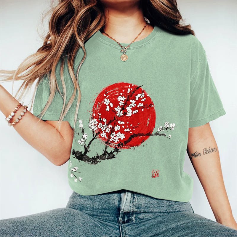 100% Cotton Women's Sunrise Japanese Art Print Casual T-shirt - Light Green - 2XL - image 4