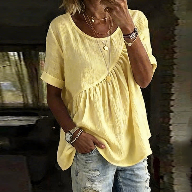  Elegant Solid Irregular Cut Ruffled Hem Round Neck Short-sleeve Blouse - Yellow - 3XL - image 5