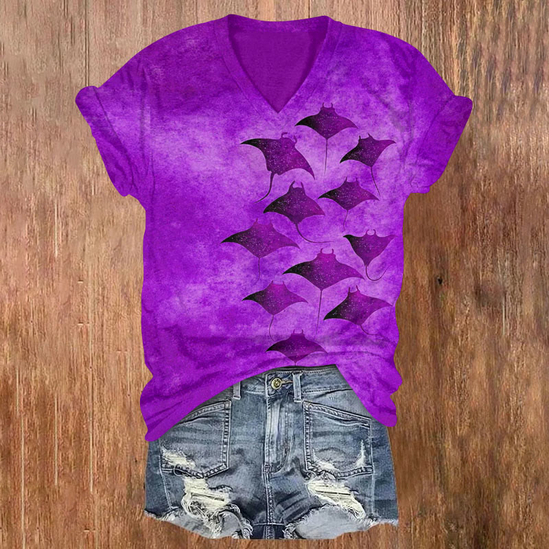 Vintage Manta Ray Art Print V-neck T-shirt - Purple - 5XL - image 4