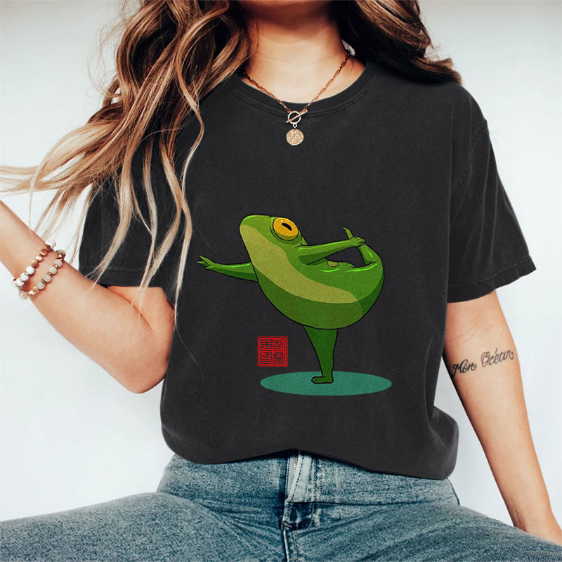 100% Cotton Funny Frog Yoga Art Print Casual T-shirt - Black - 2XL - image 2