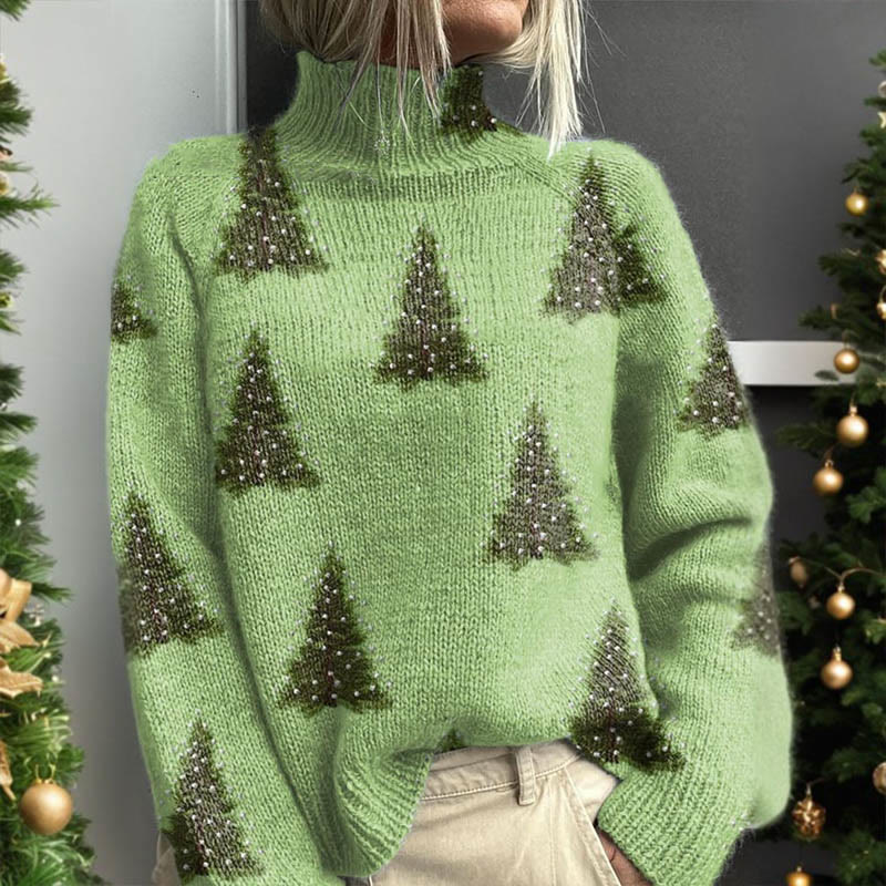 Women's Lovely Christmas Tree Art Print Turtleneck Pullover Sweater - image 2