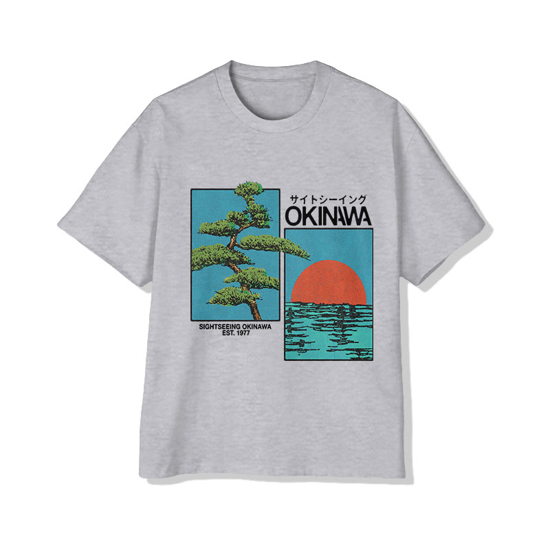 Unisex Japanese Okinawa Travel Pine Tree And Sunrise Pattern Art Cotton Print T-shirt - Grey - US20-22(3XL) - image 3