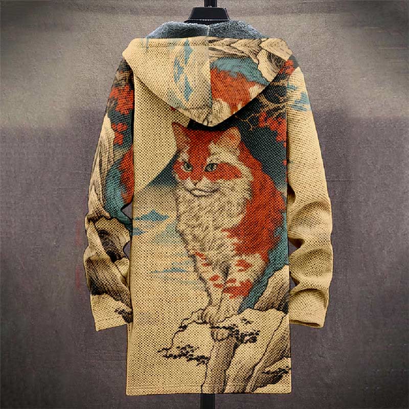 Japanese Mystic Civet Cat Pattern Print Unisex Plush Thick Long-sleeved Fleece Jacket Coat - image 4