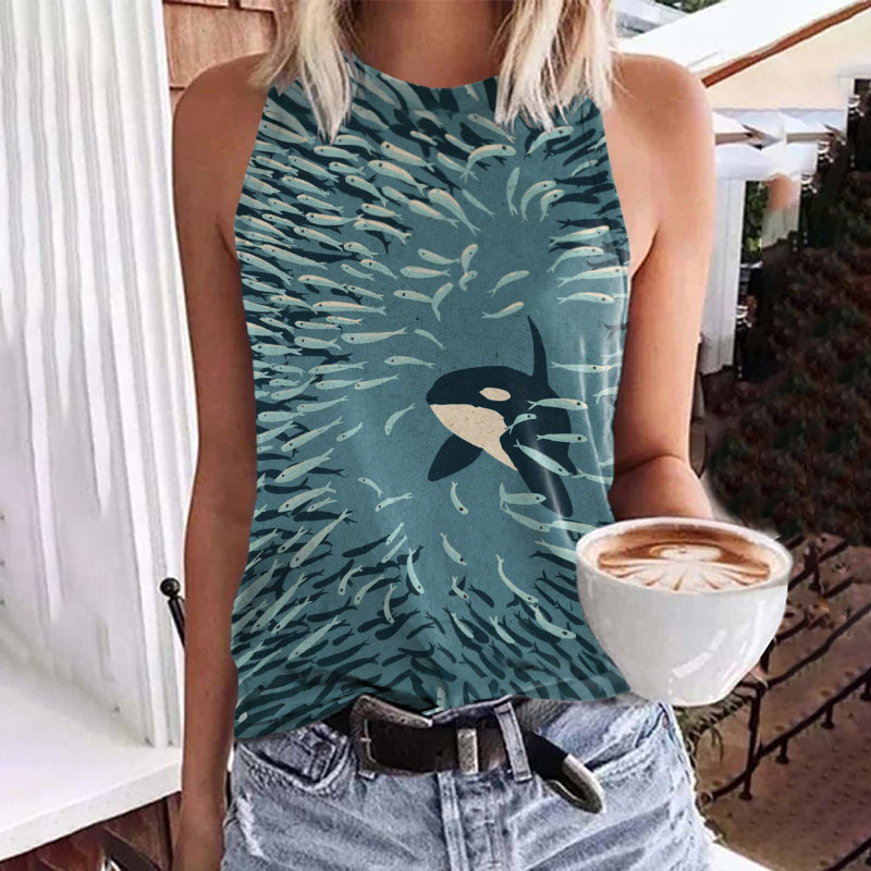 Orca And Herring Ball Art Print Crew Neck Tank Top - Green - 5XL - image 1