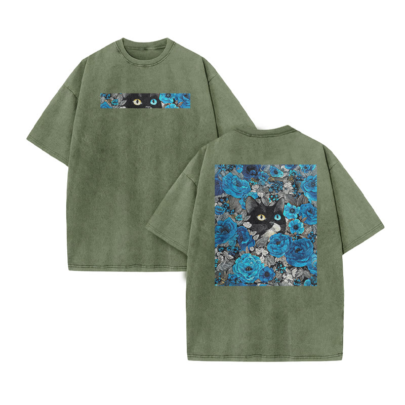 A Black Cat In A Field Of Blue Flowers Print Acid Washed T-shirt - Army Green - US20-22(3XL) - image 9