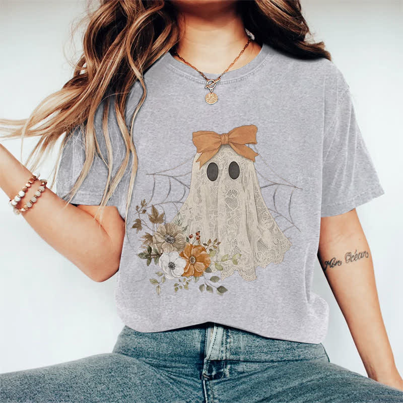 100% Cotton Halloween Funny Floral Bow Ghost Art Print T-shirt - Grey - 2XL - image 8