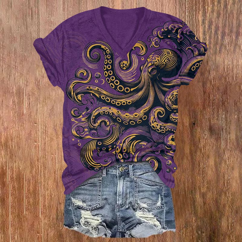 Contrasting Ink Watercolor Octopus Print V-neck T-shirt - Purple - US32-34(5XL) - image 6