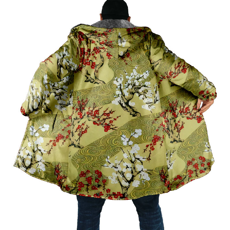 Retro Japanese Sakura Tree Print Unisex Plush Thick Long-sleeved Fleece Jacket Coat - image 4