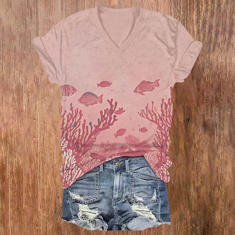 Lovely Ocean Fish & Seaweed Art T-shirt - Pink - US32-34(5XL) - image 2