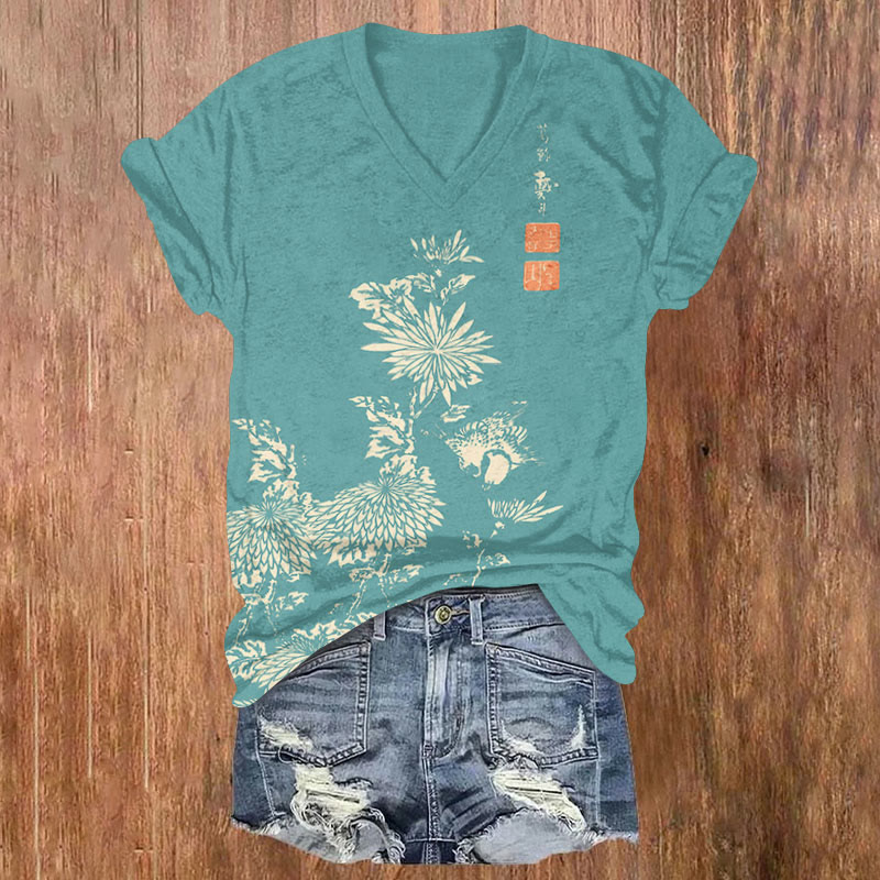 Vintage Chrysanthemum Print V-neck T-shirt - Blue - 5XL - image 6