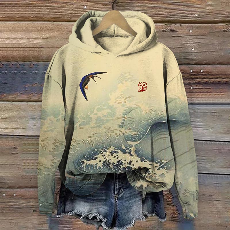 Vintage Wave Japanese Art Print Long Sleeve Hoodie - Khaki - 8XL - image 1