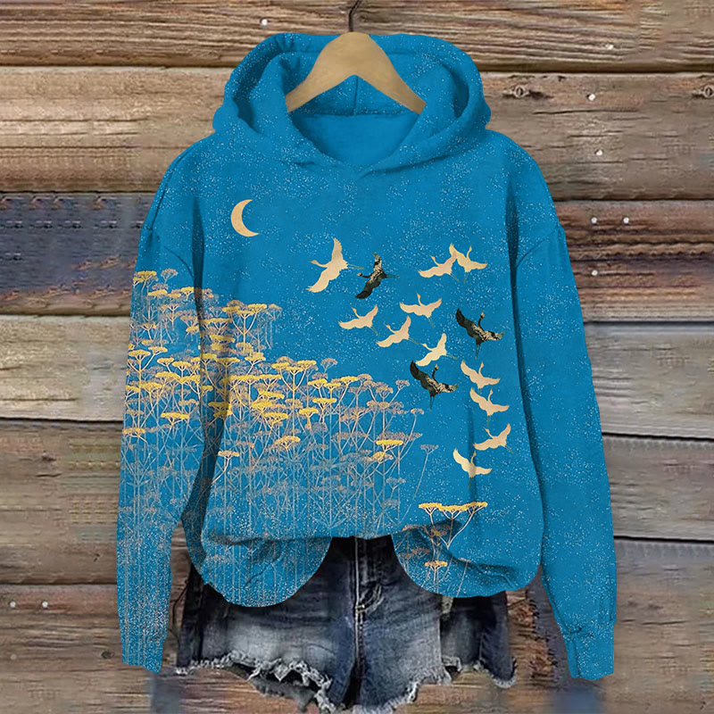 Japanese Style Flying Cranes And Plants Print Long Sleeve Hoodie - Lake Blue - US44-46(8XL) - image 3