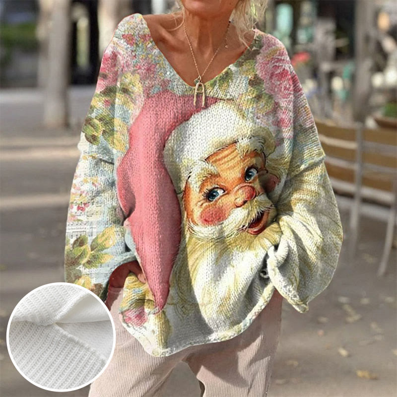 Women's Pink Retro Cute Santa Claus Print V-neck Pullover Sweater - image 2