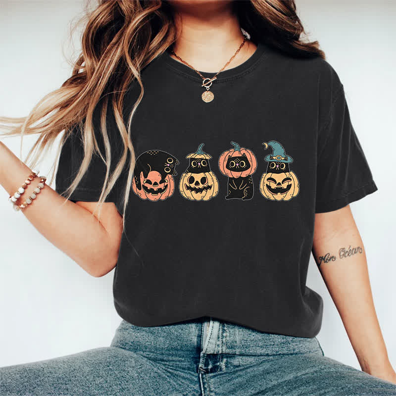 100% Cotton Halloween Funny Black Kitten & Pumpkin Art Print T-shirt - Black - 2XL - image 5