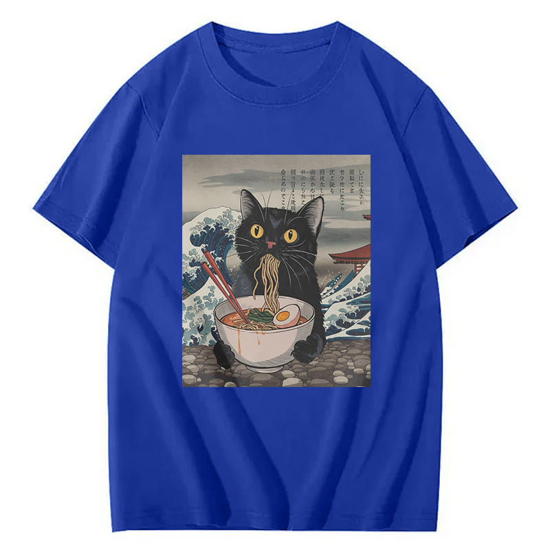 Ukiyo-E Black Cat Ramen Print Short Sleeved Crew Neck T-Shirt - Royal Blue - 2XL - image 6