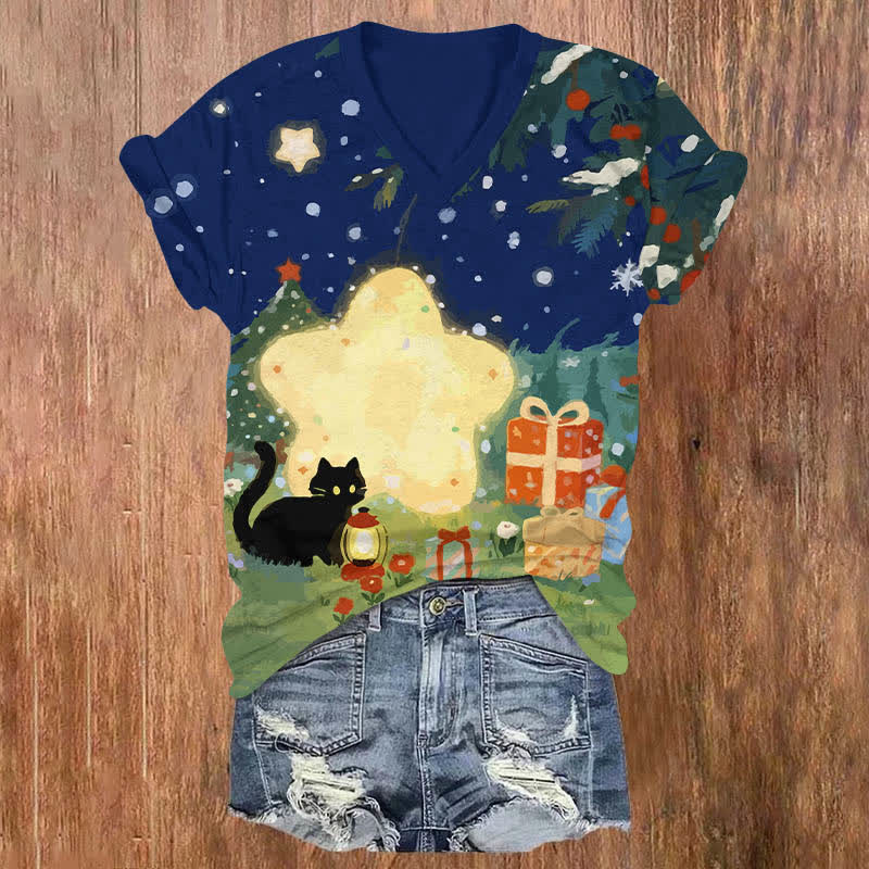 Oil Painting Black Cat Starry Christmas Gift Art Print V-neck T-shirt - Blue - US32-34(5XL) - image 2