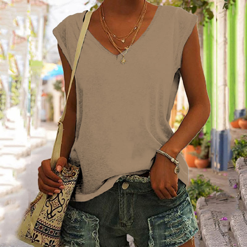 Solid Color Vintage V-neck Casual Tank Top - Khaki - 5XL - image 5