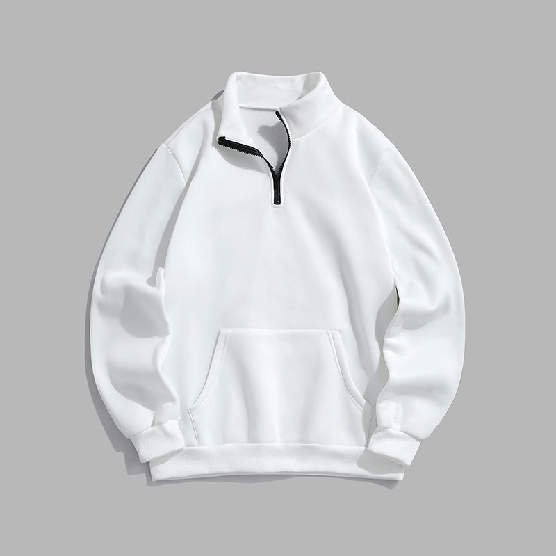 100% Cotton Solid Color Stand Collar Zipper Casual Fleece Sweatshirt - White - 2XL - image 13