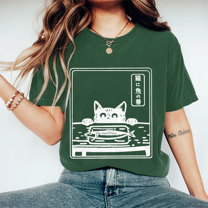 100% Cotton Women's  Japanese Ink Watercolor Cat & Fish Art Print Casual T-shirt - Dark Green - 2XL - image 5