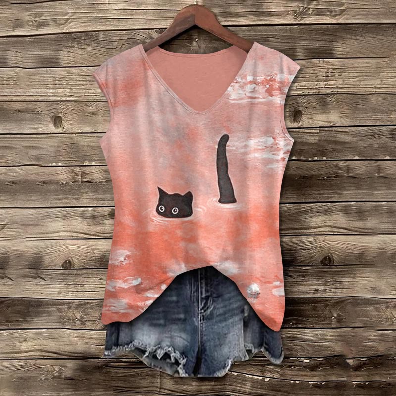 Women's Oil Painting Cat V-neck Tank Top - Orange - 5XL - image 4