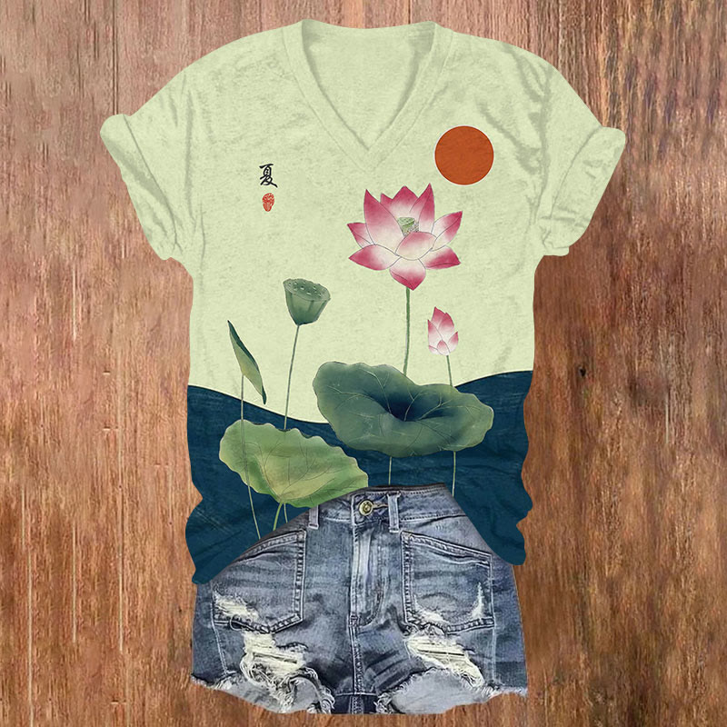 Japanese Art Lotus Print V-neck T-shirt - Light Green - US32-34(5XL) - image 2