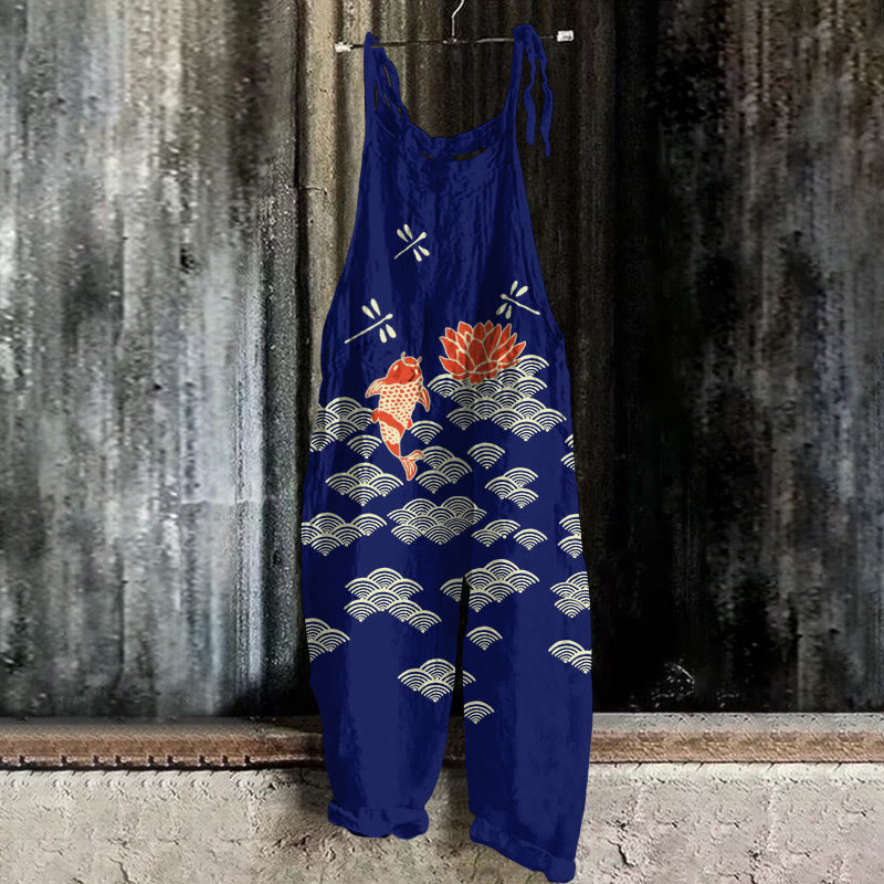Japanese Style Koi Fish Dragonfly Wave Art Print Casual Jumpsuit  - Blue - 5XL - image 4