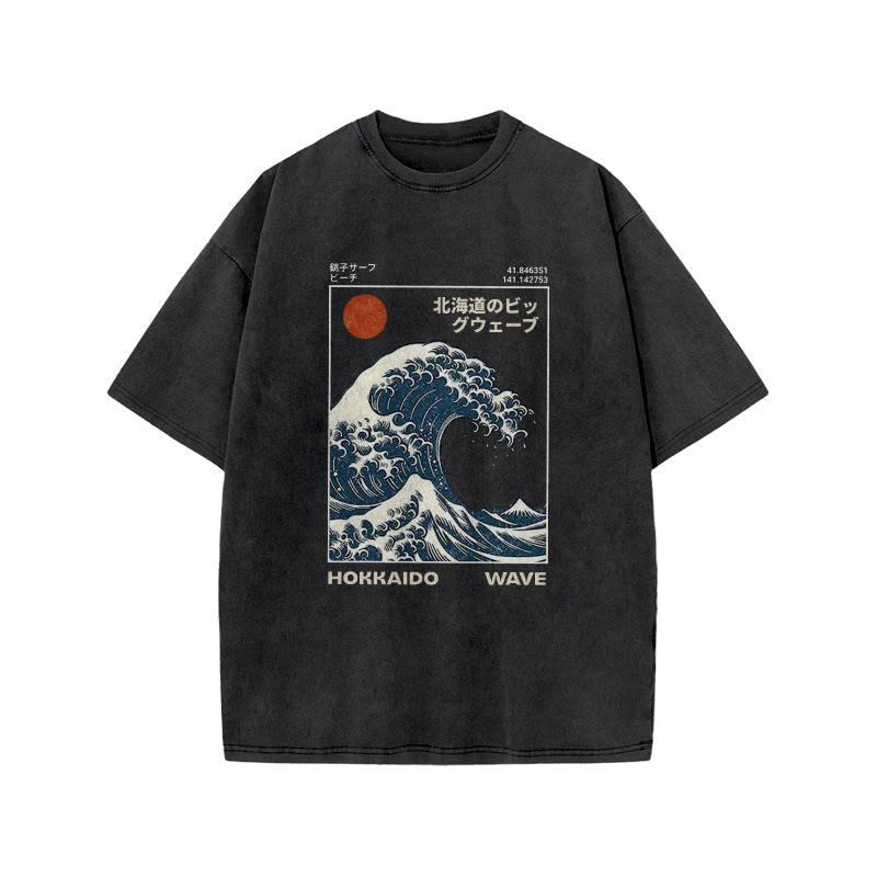 Unisex 100% Cotton Hokkaido Wave Vintage Print Acid Washed T-shirt - Black - 3XL - image 5