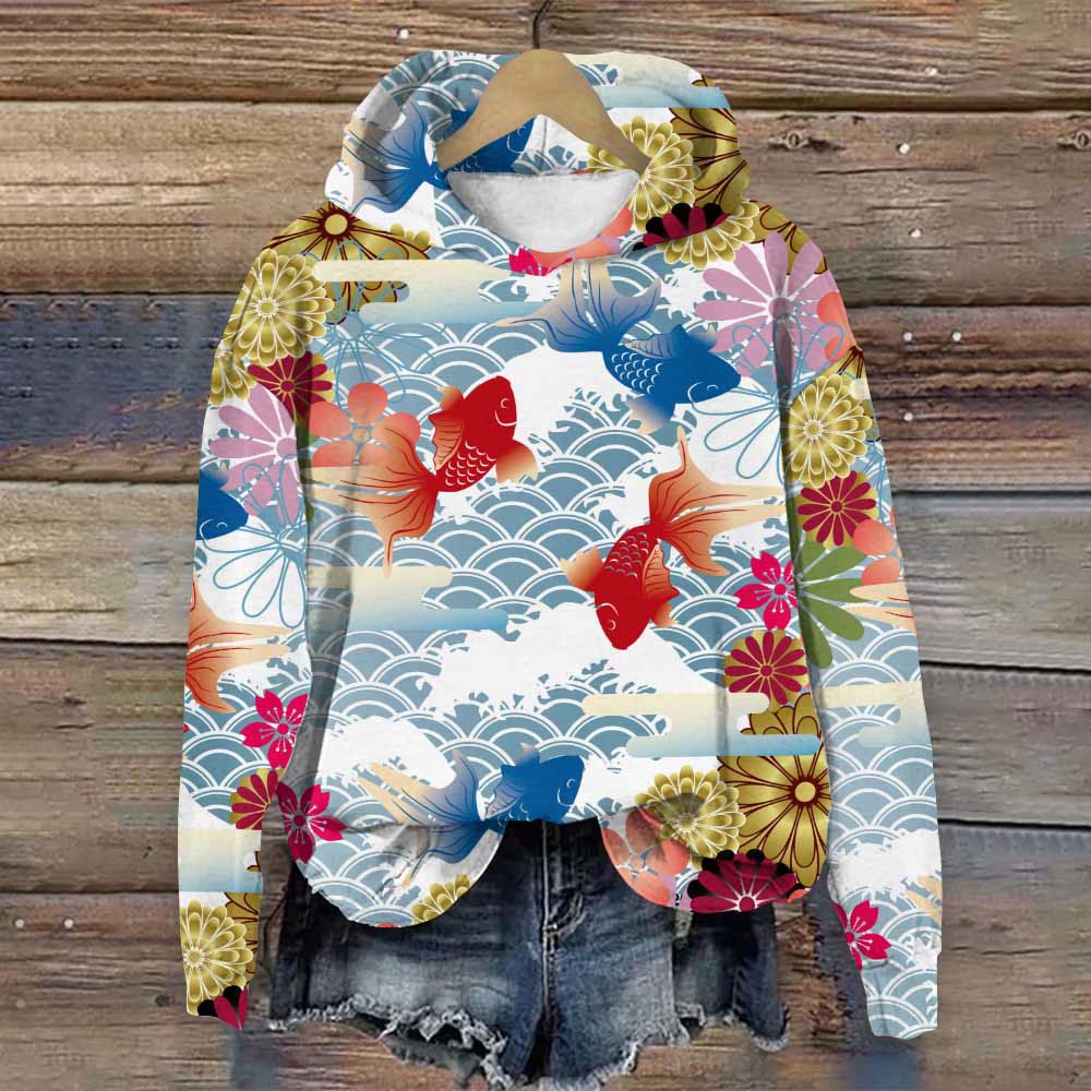 Japanese Ukiyo e Floral Goldfish Wave Print Hoodie