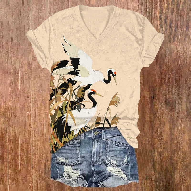 Japanese Oil Painting White Crane Art Print V-neck T-shirt - Apricot - US32-34(5XL) - image 5