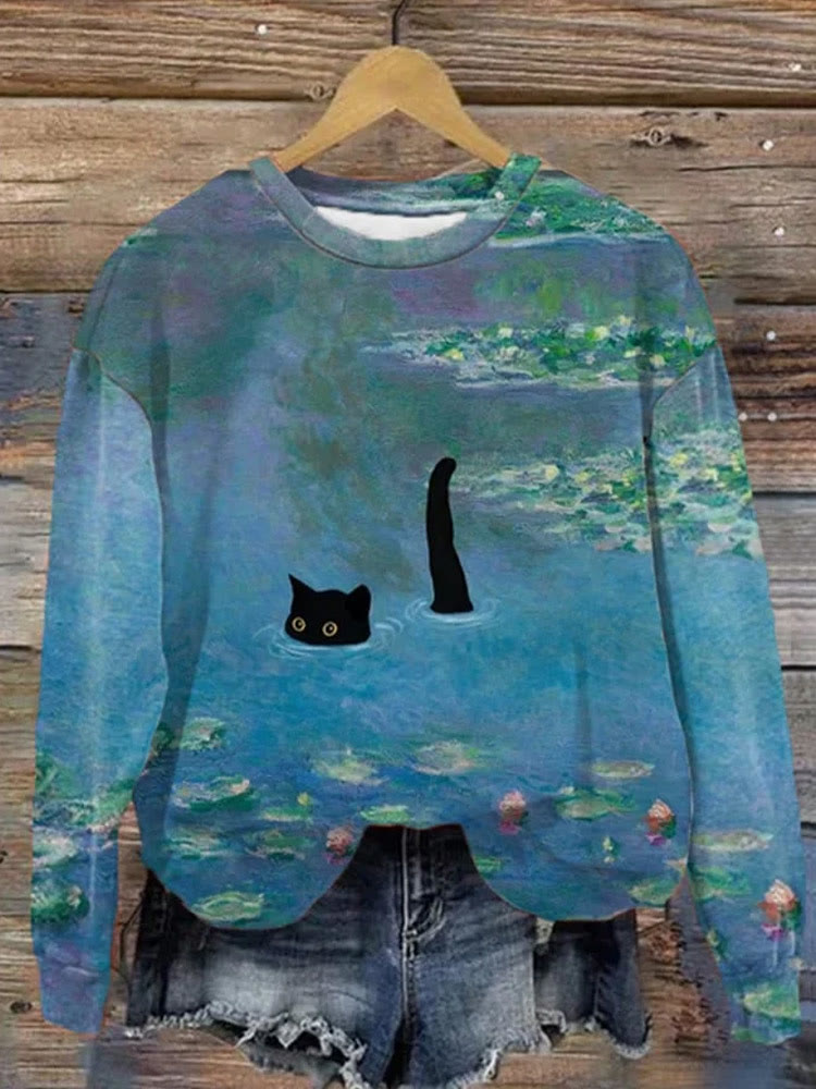 Women's Oil Painting Cat Print Crew Neck Sweatshirt