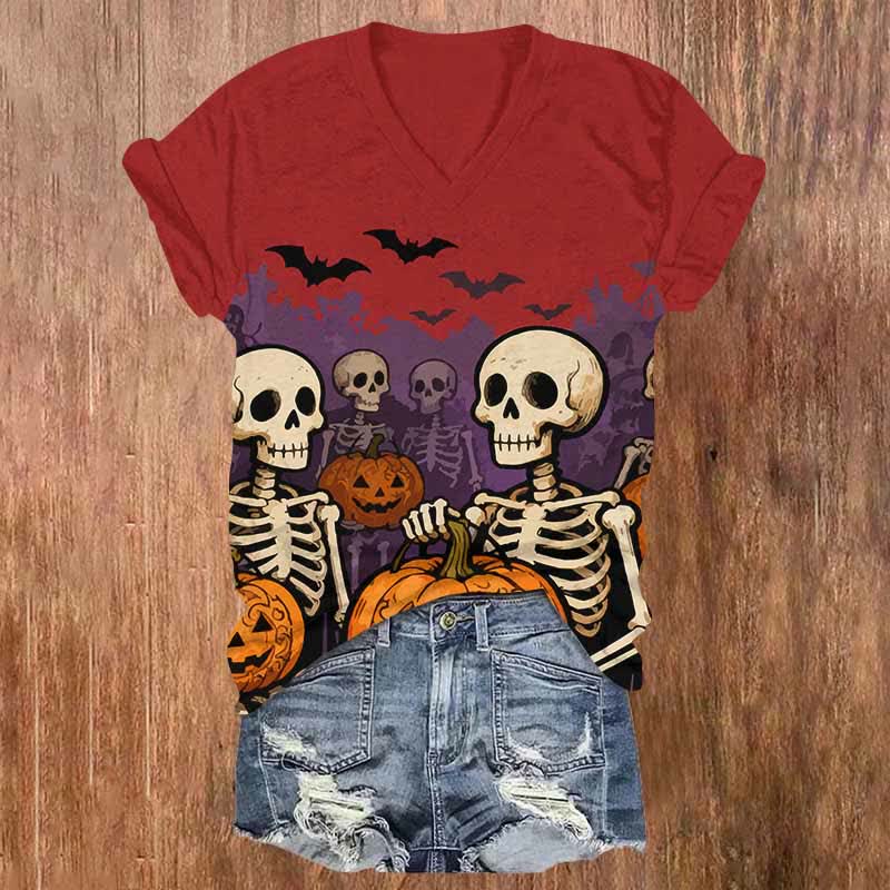 Halloween Skeleton Man Holding Pumpkin Print V-neck T-shirt - Red - US32-34(5XL) - image 5