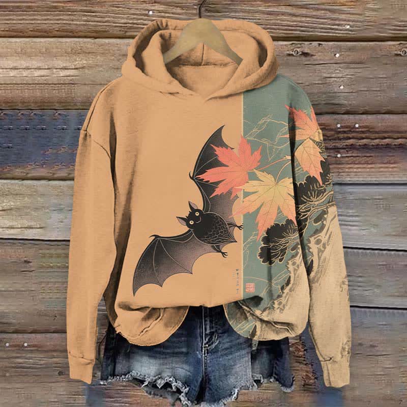Halloween Cute Bat & Maple Leaf Art Print Long Sleeve Hoodie - Orange - US44-46(8XL) - image 2