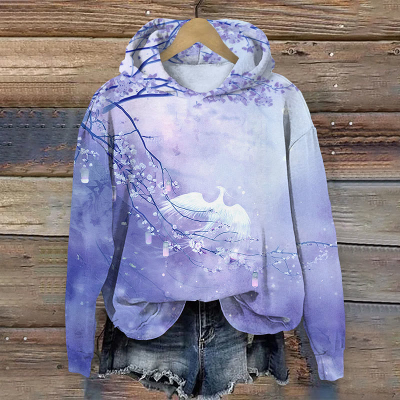 Watercolor Floral & Phoenix Print Long Sleeve Hoodie - Purple - US44-46(8XL) - image 4